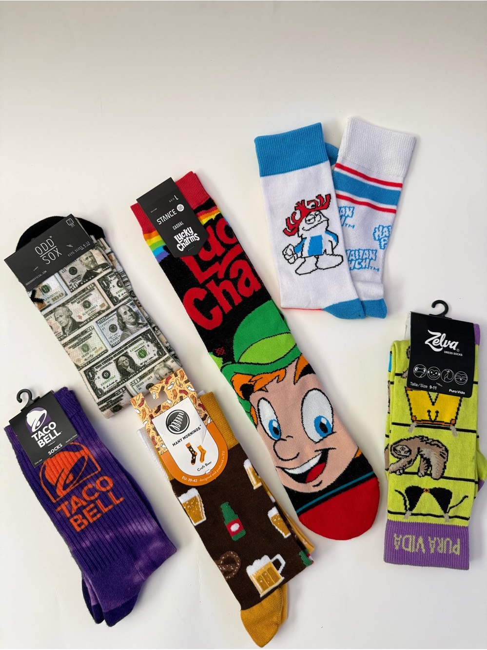 Sock Lot Of 6 Lucky Charms, Cash, Beer, Hawaiian Punch, Taco Bell, Pura Vida NWT